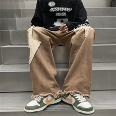 美式棕色裤子牛仔裤男潮牌水洗直筒裤刺绣设计感高街N0558-P45，男装牛仔裤，星座308B-2