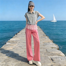 慵懒风时尚洋气套装女夏季新款蕾丝拼接短袖上衣阔腿裤两件套显瘦，女装套装/套裙，江南
