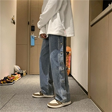 秋冬ins潮流高街风排扣牛仔裤男女潮牌宽松直筒阔腿裤N990-P45，男装牛仔裤，星座1008-1
