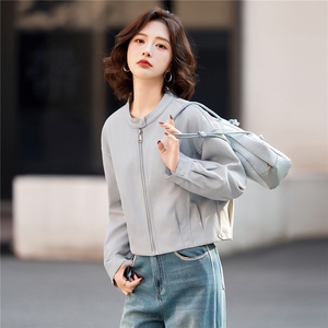 欧货高级感蓝色蛋白皮衣外套女2026春秋新款蝙蝠袖pu短夹克小个子图片