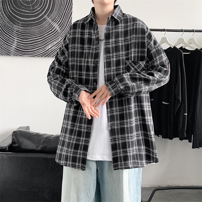 格子长袖衬衫男设计感小众复古港味宽松衬衣百搭外套C01,男装衬衫,星座1116A-1（原606A）