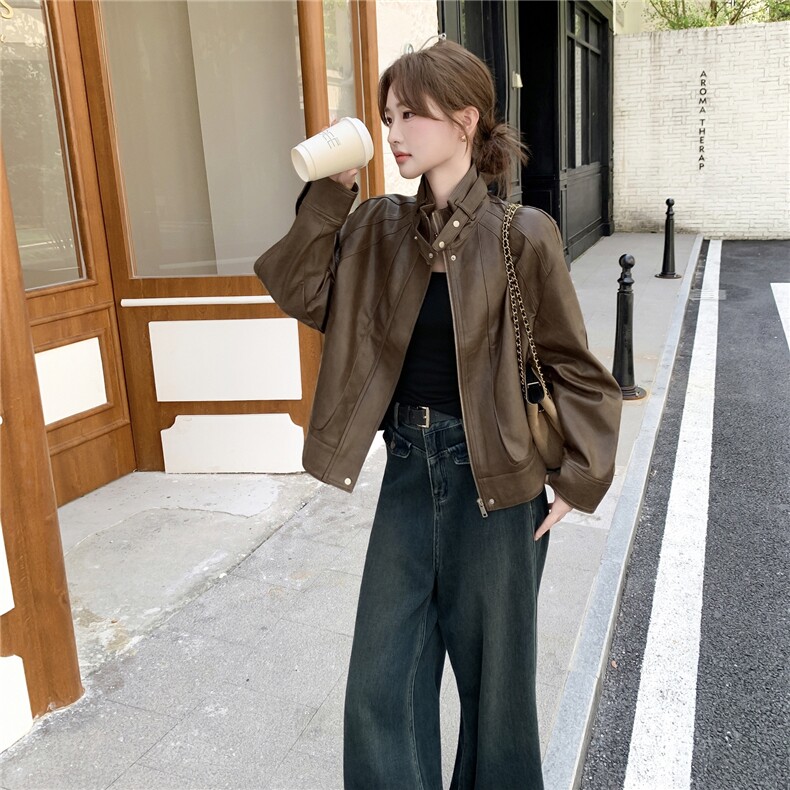 美拉德咖色复古皮衣外套女2025秋季美式设计感宽松机车服淡人夹克图片