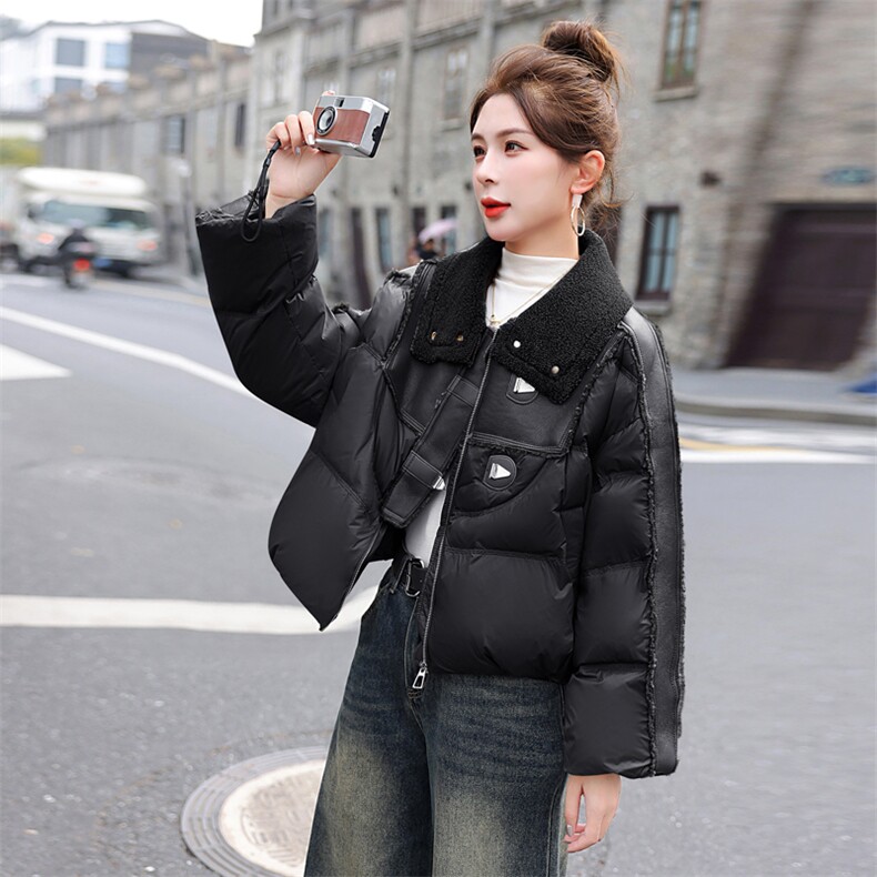 欧货羽绒服女短款2025冬季新韩系小个子仿羊羔毛绒领拼接白鸭绒外套,女装羽绒服,意芙