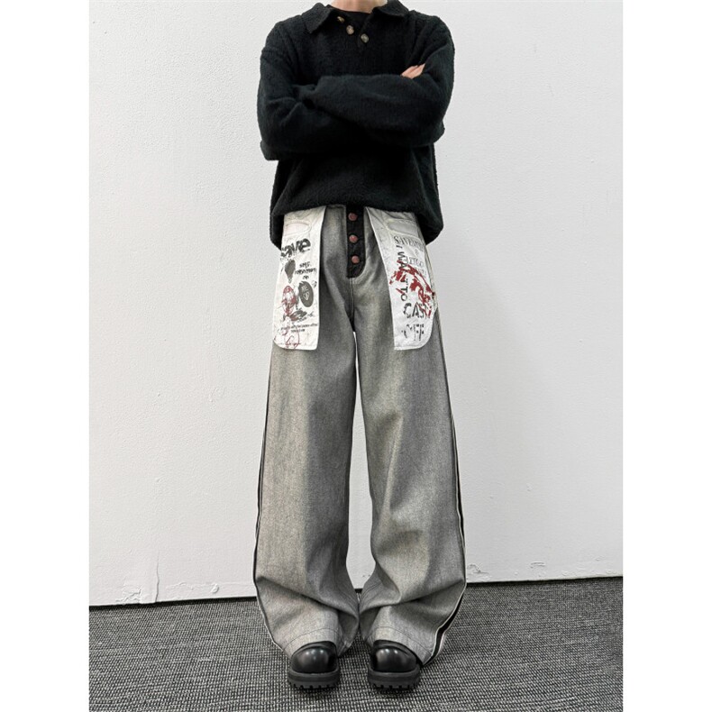 港风秋款男牛仔裤条纹涂鸦拼接宽松直筒长裤NK7067P53,男装牛仔裤,星座1013-1