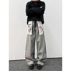 港风秋款男牛仔裤条纹涂鸦拼接宽松直筒长裤NK7067P53，男装牛仔裤，星座1013-1
