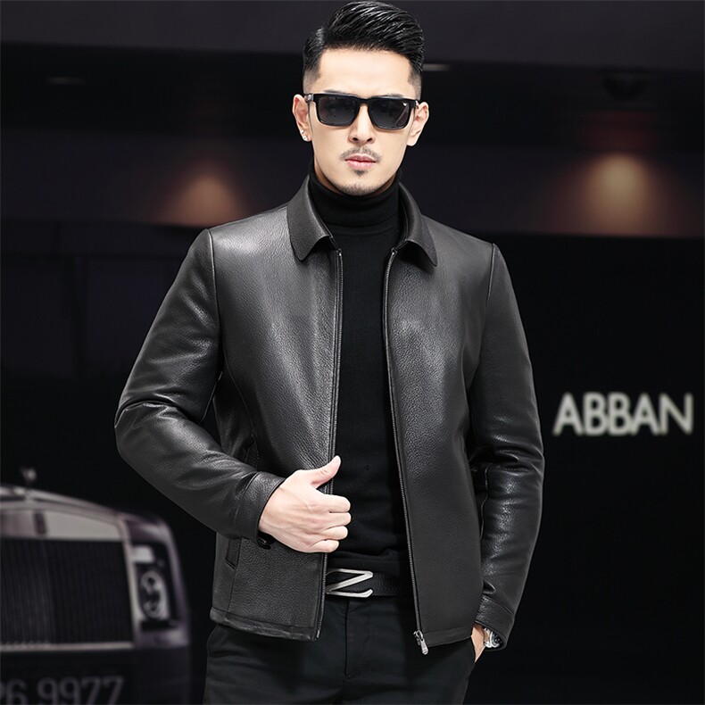 新款鹿纹皮山羊皮立翻领海宁皮衣男中老年皮夹克羽绒内胆脱卸，男装夹克，电商B360