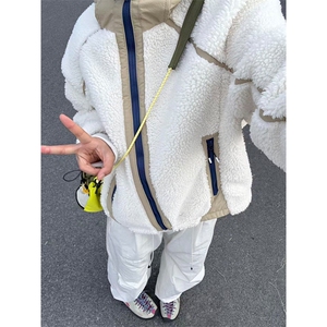 高品 撞色拼接加厚保暖羊羔毛开衫连帽摇粒绒外套男女 A1144-P108图片
