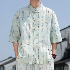 2025夏季新款风男装盘扣新中式唐装青花瓷印花衬衫C111-P50，男装衬衫，电商B277(原6028)