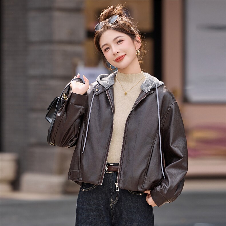可拆卸针织连帽加绒加厚皮衣女2025冬季新款宽松休闲百搭pu皮棉衣,女装皮衣,英标秀（1C119）