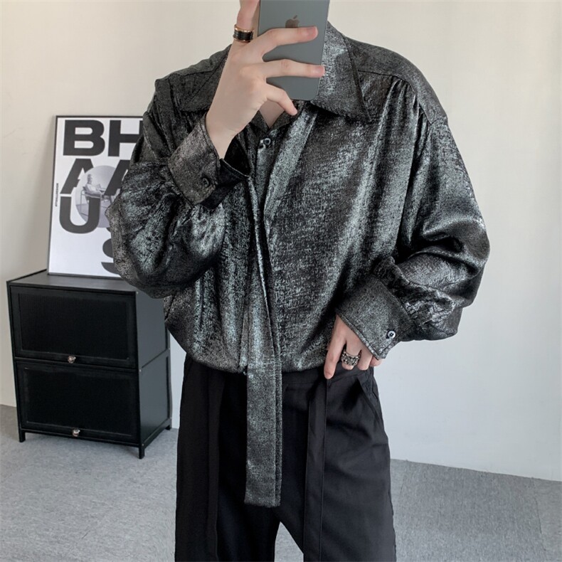 小众高级感明星同款宽松贵气闪银衬衫男大码秋季休闲领带搭配衬衣,男装衬衫,星座909