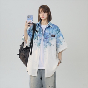 XZ-230-1CS513夏新款中性风简约轻奢水墨扎染休闲短袖衬衫P45控58图片