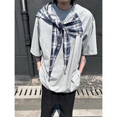 拼接格子布装饰高品质260克双纱纯棉美式高街短袖T恤特P35，男装T恤，电商A486