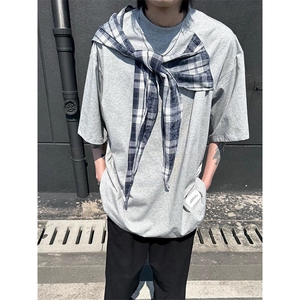 拼接格子布装饰 高品质260克双纱纯棉美式高街短袖T恤 特P35图片