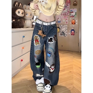 美式卡通毛巾绣牛仔裤男冬季潮牌设计感阔腿裤子宽松百搭拖地长裤图片