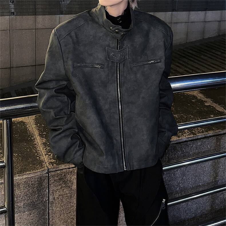 美式复古做旧棕色机车服皮衣外套男秋冬加棉小众感短款垫肩夹克衫图片