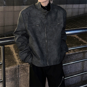美式复古做旧棕色机车服皮衣外套男秋冬加棉小众感短款垫肩夹克衫图片