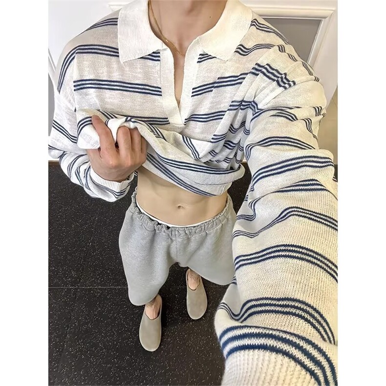 新款美式休闲圆领长袖撞色细条纹细情侣薄针织衫男女L16544-P43，男装针织衫/毛衣，星座1008