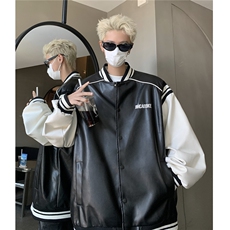 港风美式复古拼接罗纹pu棒球服情侣皮衣夹克外套男女G1094P108，男装夹克，电商A339
