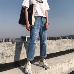 港风夏季破洞牛仔裤男 韩版潮流九分裤休闲裤 N/图片
