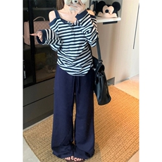 秋季甜辣妹条纹露肩长袖T恤女设计感修身显瘦独特别致漂亮上衣潮，男装T恤，星座506A