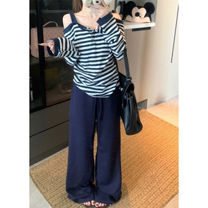 秋季甜辣妹条纹露肩长袖T恤女设计感修身显瘦独特别致漂亮上衣潮图片
