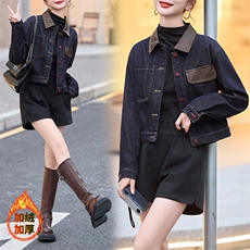 安可拉红牛仔外套女高级感撞色上衣2024秋冬加绒加厚PU皮拼接夹克，女装牛仔外套，江南女神