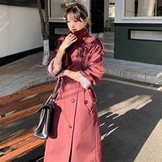 高级小众韩系英伦风红色风衣外套女春秋季超火好看宽松中长款大衣，女装风衣，2C088