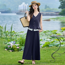 现货2026夏季时尚潮流天丝亚麻老钱风马甲三件套加阔腿裤套装，女装套装/套裙，尚洛菲