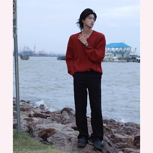 复古男女秋冬针织外套宽松V领加厚凤凰绒酒红色毛衣V18-P49网图图片