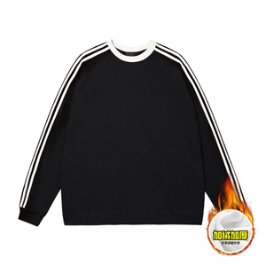 480G重磅加绒硬挺boxy男女秋冬美式高街结构三条杠圆领卫衣厚外套图片