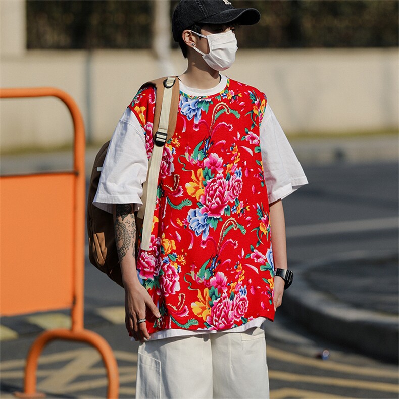 MJ04夏新男士休闲透气凉爽坎肩无袖马甲男女团队服东北大花喜庆潮,男装背心/马甲,星座115A(原星座507）