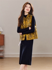 冬季新款加棉新中式立体刺绣花卉气质优雅立领盘扣马甲两件套裙女，女装套装/套裙，宝儿家