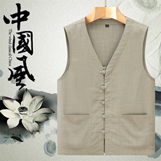 2026夏季透气清凉古风休闲无袖马甲风棉麻盘扣唐装556-P53，男装民族服装，星座1105-3