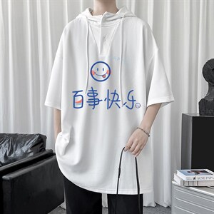 LD54183-P45 连帽短袖t恤男大码胖子带帽五分袖中袖图片
