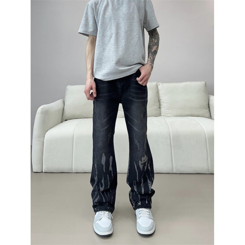 扎染弯刀牛仔裤男款美式高街vibe直筒微喇裤310A-4-NZ75-P55,男装牛仔裤,星座310A-4
