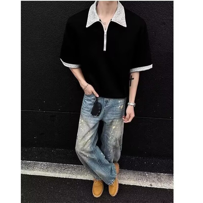 网图假两件短袖t恤男款2026夏季新款潮牌美式拼接衬衫领YY815-P32，男装T恤，电商C216