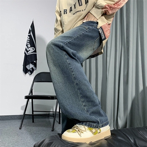 牛仔裤男美式复古宽松直筒阔腿高街vibe做旧拖地裤子N01787-P40图片