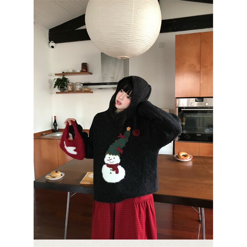 1506A/G38110/P69甜爱软糯小个子新年雪人连帽黑灰色圣诞毛衣,男装针织衫/毛衣,星座1506A