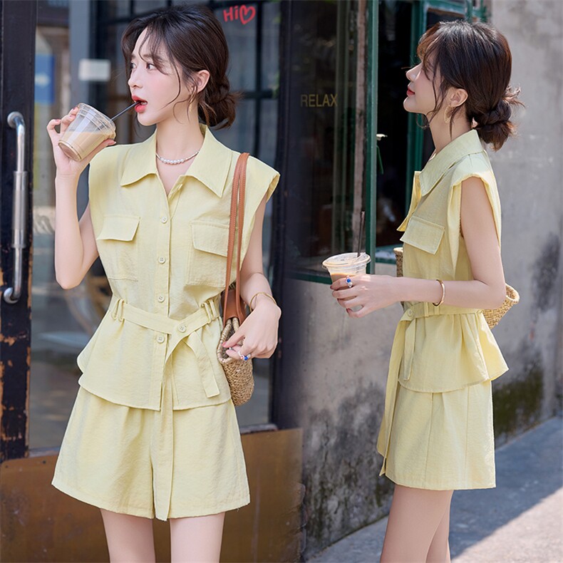 时尚短裤套装2025夏季新款韩版马卡龙色减龄时尚休闲阔腿裤两件套，女装套装/套裙，依路服饰