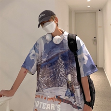 2023夏新款港风满版图案印花宽松圆领短袖T恤上衣T2226-P40，男装T恤，星座914-3