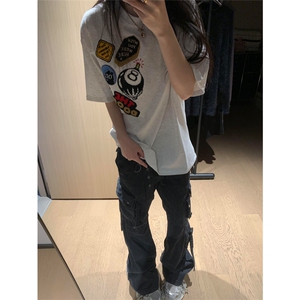 网图现货 美式街头徽章刺绣T恤男女宽松高街情侣夏季短袖A369-P35图片