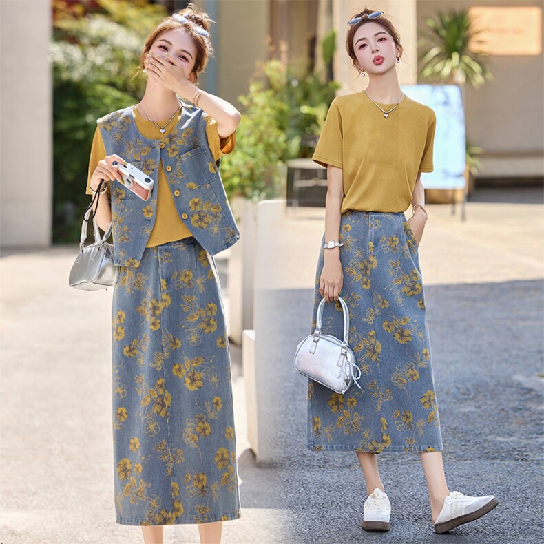 新中式盘扣牛仔套装裙女2025年夏季新款复古印花半身裙两件套,女装套装/套裙,关键词