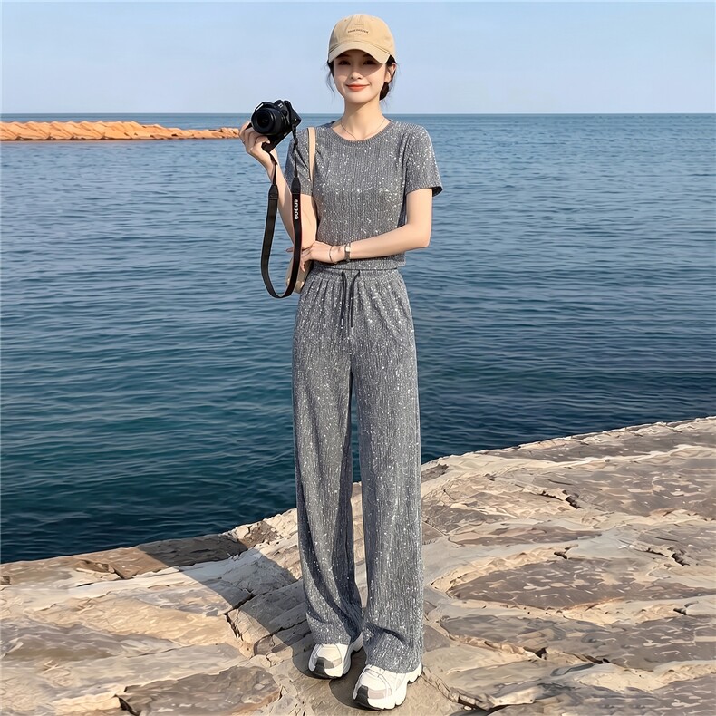 时髦洋气亮闪闪重工阔腿裤套装女夏季慵懒风修身显瘦短袖两件套潮,女装套装/套裙,江南