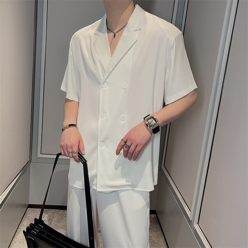夏季绸缎薄款休闲西服套装男短袖衬衣长裤两件套TZ217-P130控165,男装T恤,电商B267