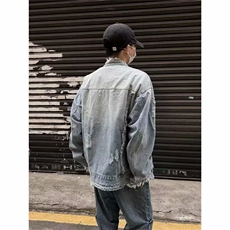 水洗做旧流苏毛边牛仔夹克男女复古潮牌休闲情侣外套上衣JK8896，男装夹克，星座208-5
