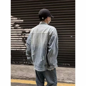 水洗做旧流苏毛边牛仔夹克男女复古潮牌休闲情侣外套上衣JK8896图片