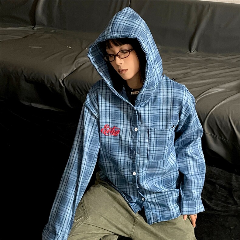 潮牌复古美式格子连帽长袖衬衫男女秋季宽松休闲百搭衬衣-C251,男装衬衫,星座601-2