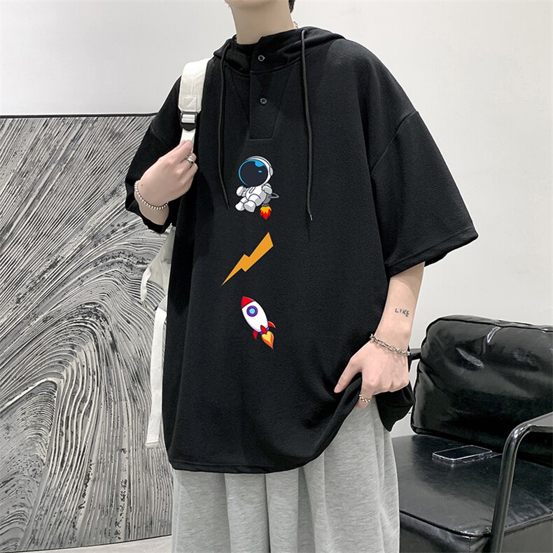 LD54165-P45连帽短袖t恤男大码胖子带帽五分袖中袖大皂风,男装T恤,电商A040