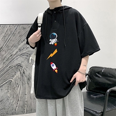 LD54165-P45连帽短袖t恤男大码胖子带帽五分袖中袖大皂风，男装T恤，电商A040