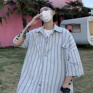 日系条纹衬衫短袖男夏季高级设计感外套潮牌痞帅港风衬衣CS07-P35